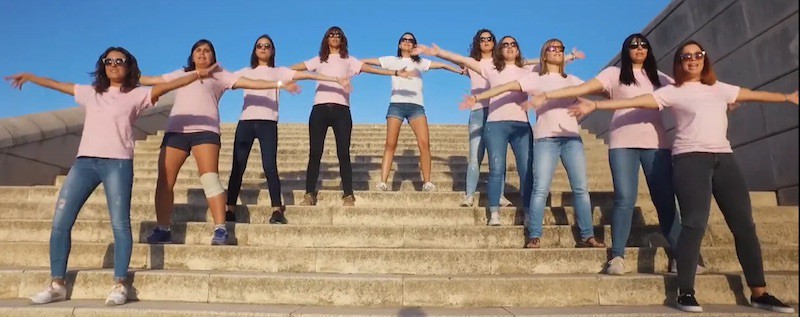 Group of friends enjoying a hen party lip dub in Barcelona