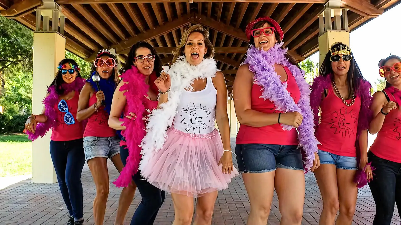 Bride-to-be and friends in costume for their hen party lip dub