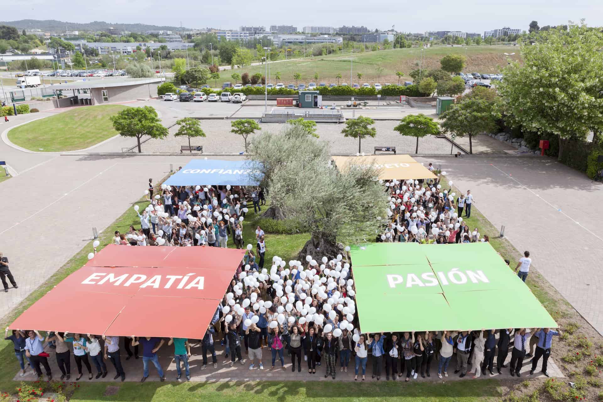 Large company team gathered during a corporate lip dub recording