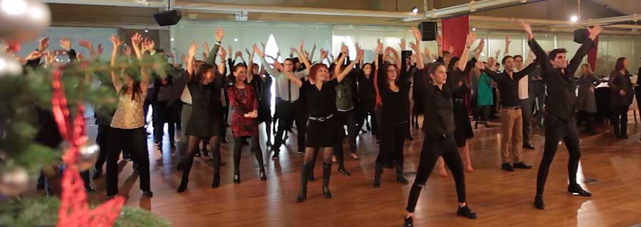 Event guests joining the choreography of an interactive flash mob