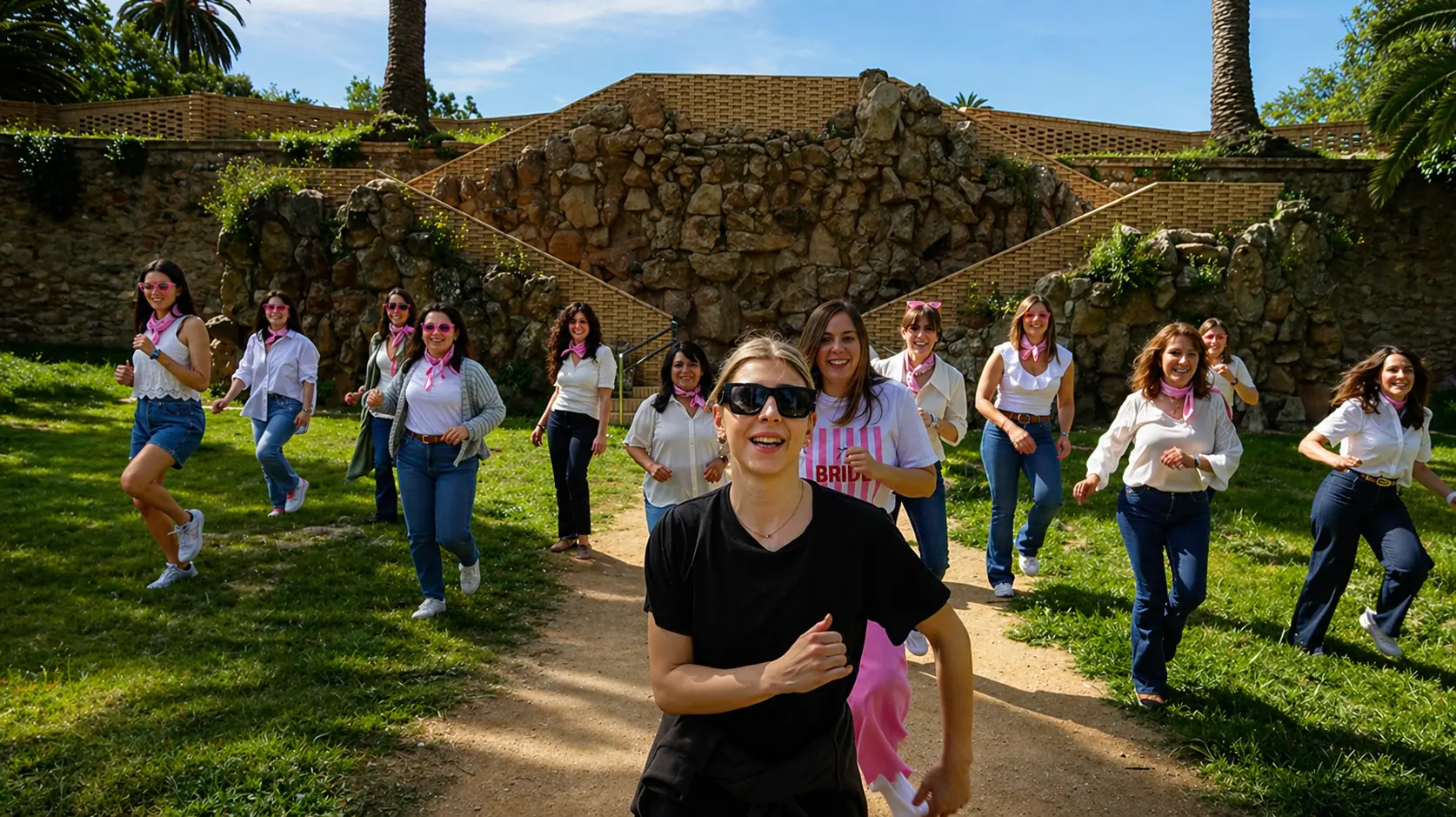 Friends enjoying an outdoor group scene during a hen party lip dub