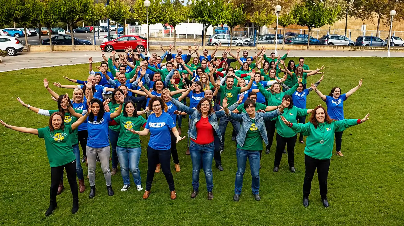 Large company group taking part in a Lipdub Pro team-building activity